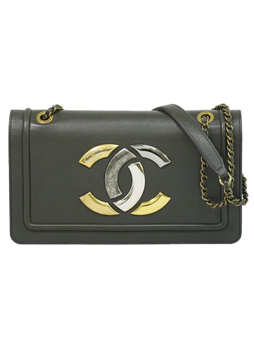 Chanel Antico CC Logo Chain Shoulder Bag Pochette Lambskin Leather Dark Gray